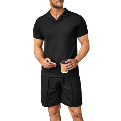 2pcs Set Men V Neck Polo Shirt Lapel Short