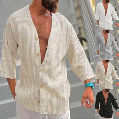 Stylish Shirt for Men Long Sleeve V Neck Top Men Clothing Camisas