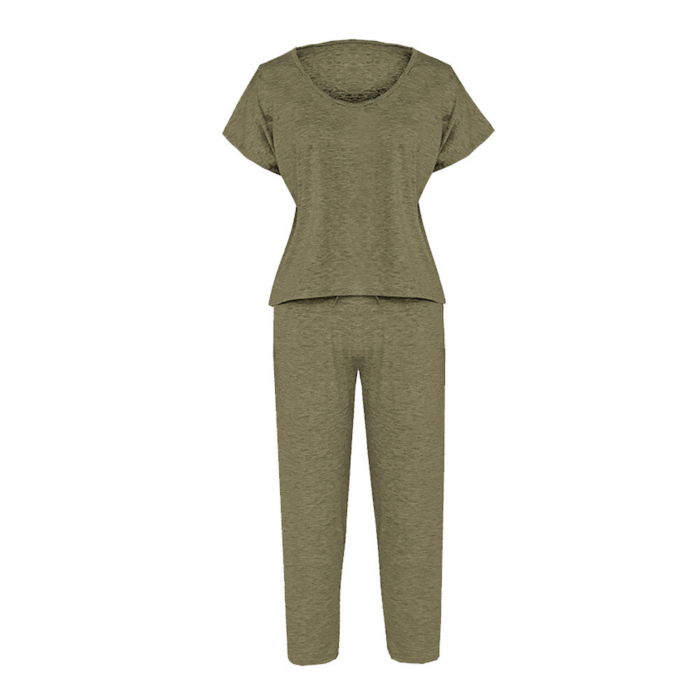 Short sleeve round neck cropped trousers 2-piece casual