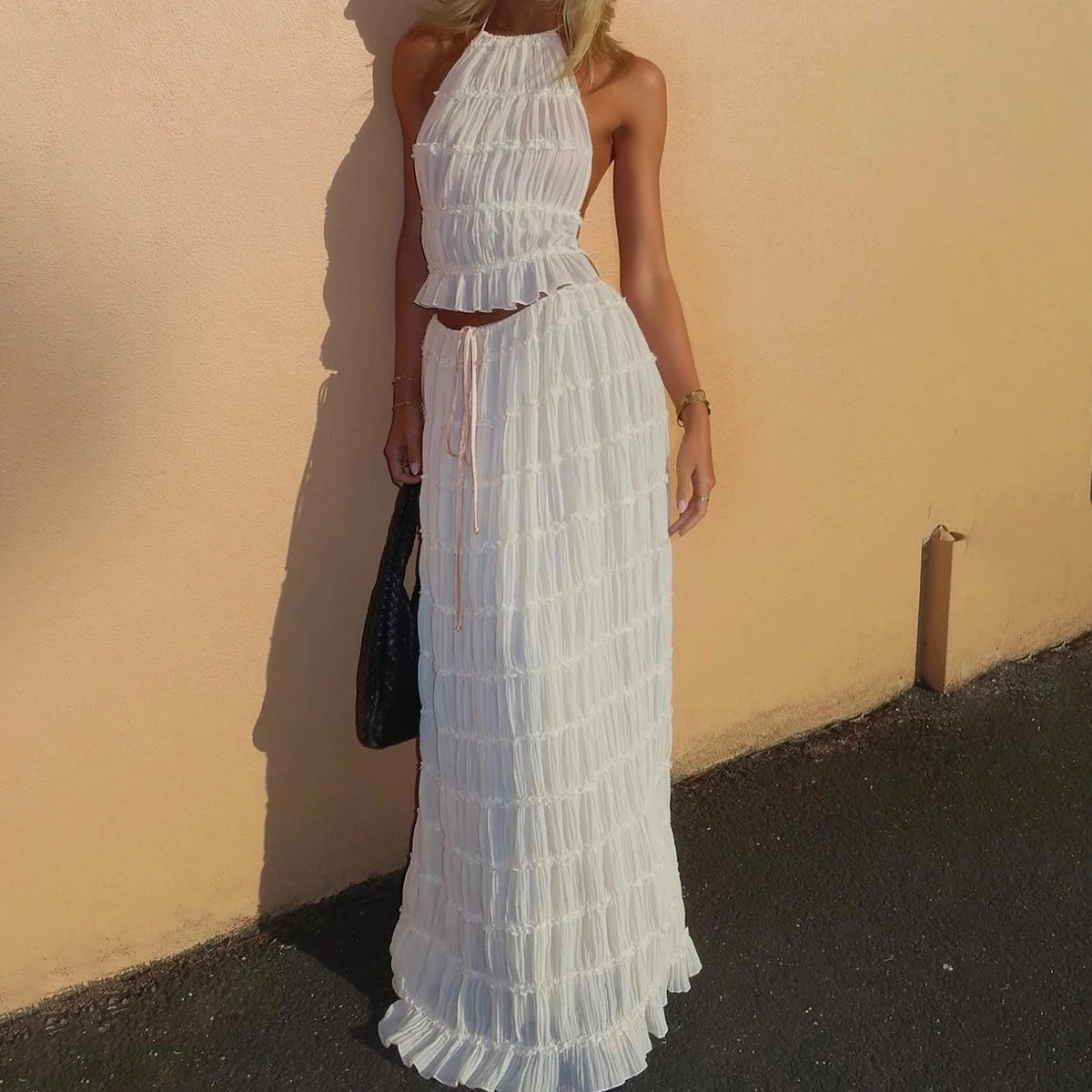 Sexy Sleeveless Backless Cropped Halter Top And Pleated Long Dress