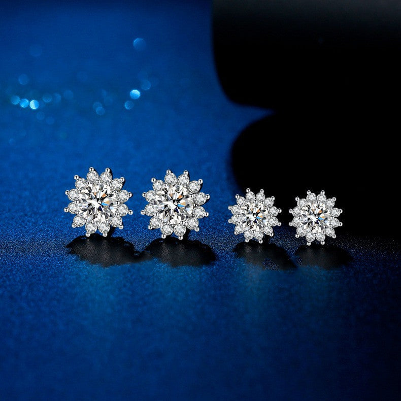 Sun Flower Moissanite Silver Stud Earrings