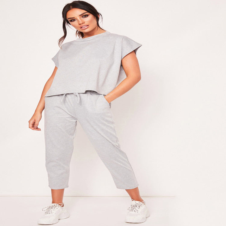 Short sleeve round neck cropped trousers 2-piece casual