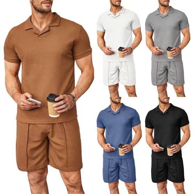 2pcs Set Men V Neck Polo Shirt Lapel Short