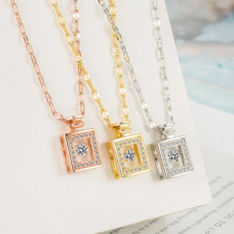 Valentines Day Gift Perfume Bottle Pendant Titanium Steel Necklace Korean Trend Zircon Luxury Female Necklace Charm Jewelry Gift Fashion Jewelry Woman