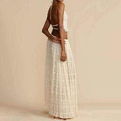 Sexy Sleeveless Backless Cropped Halter Top And Pleated Long Dress