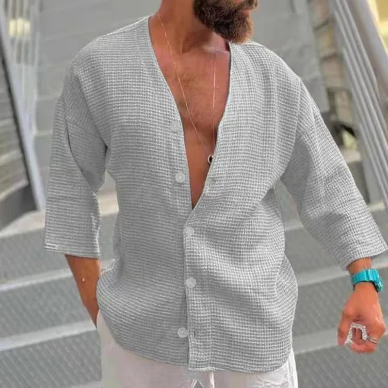 Stylish Shirt for Men Long Sleeve V Neck Top Men Clothing Camisas