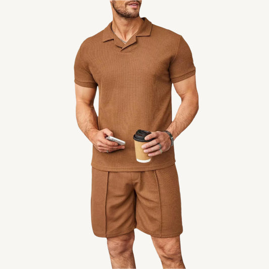 2pcs Set Men V Neck Polo Shirt Lapel Short