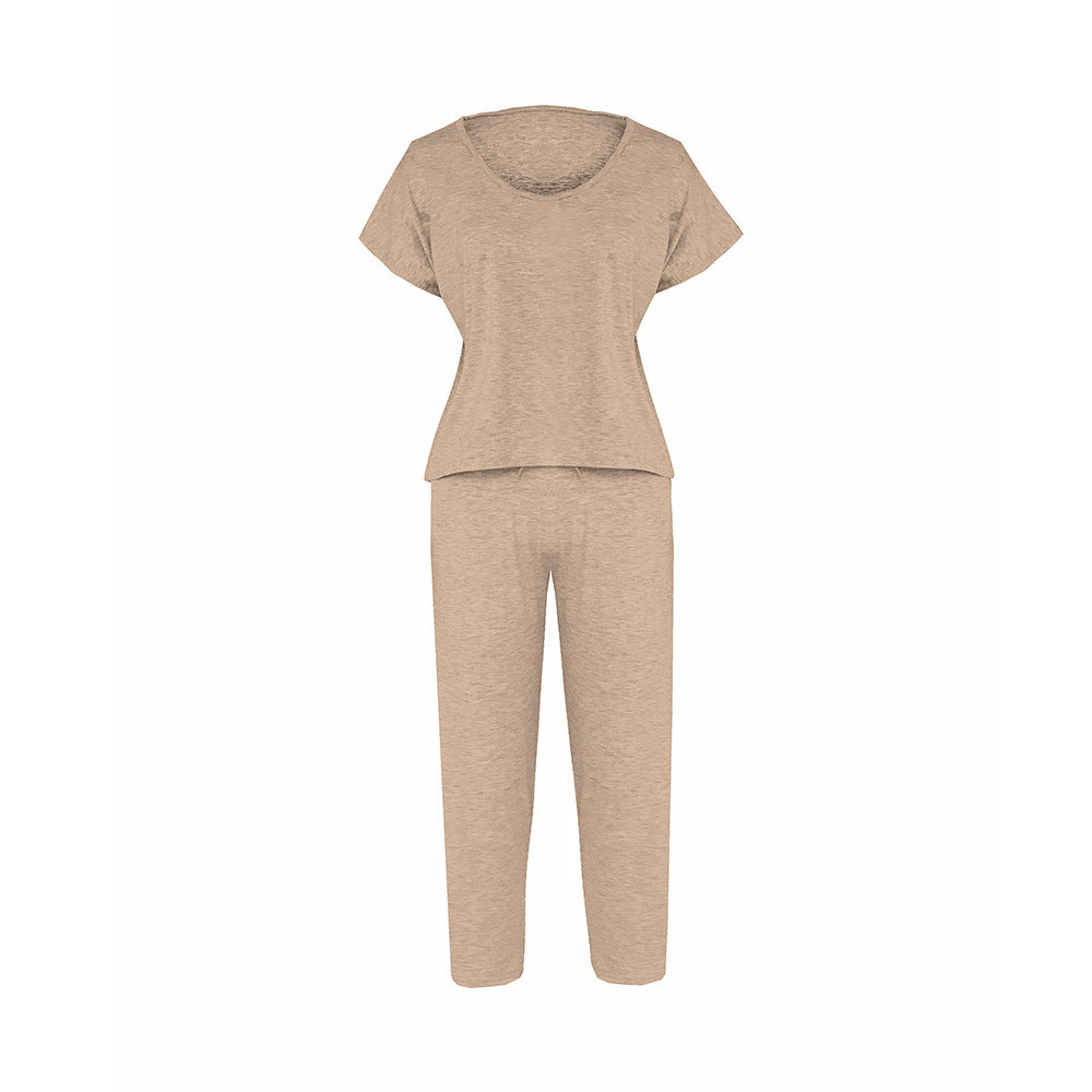 Short sleeve round neck cropped trousers 2-piece casual