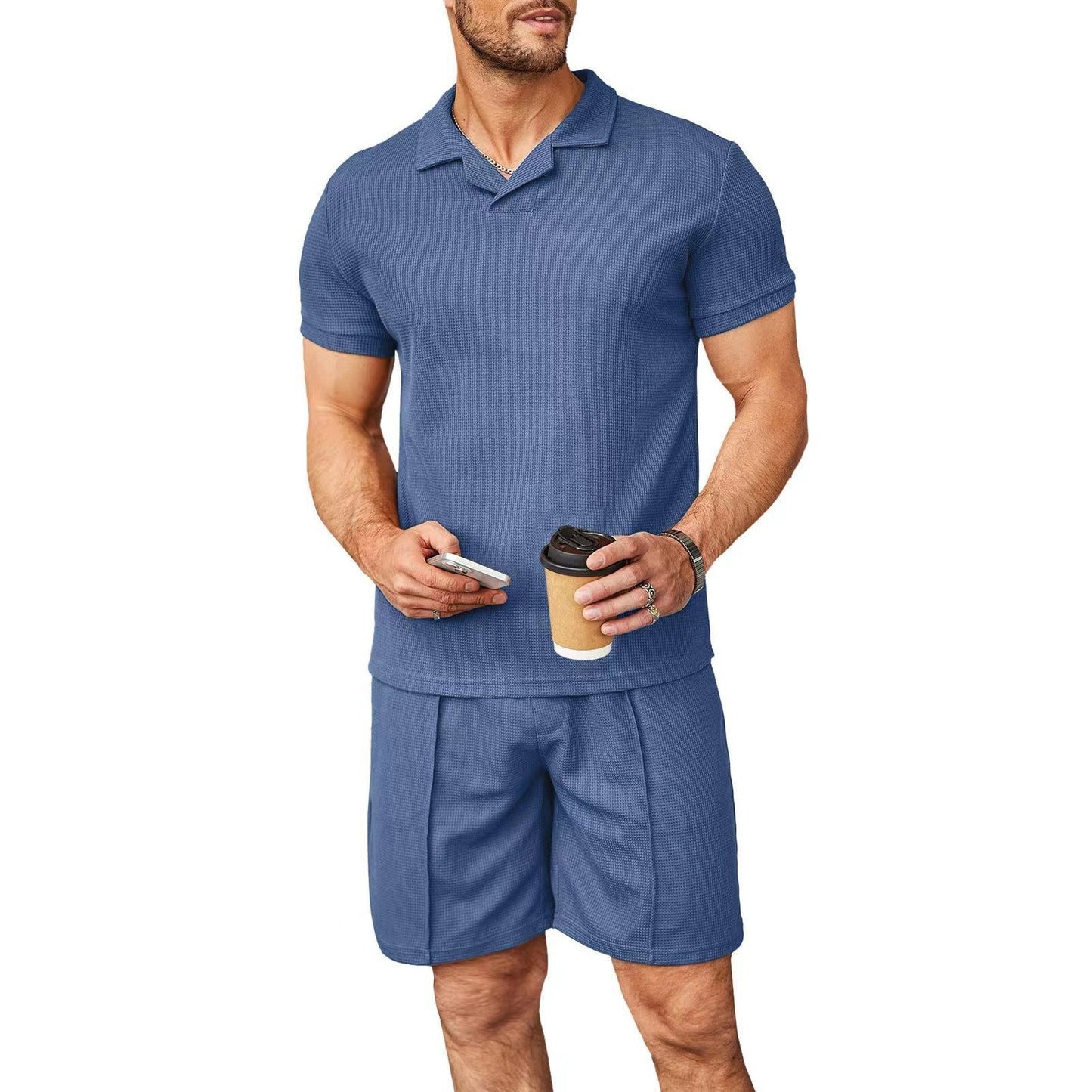 2pcs Set Men V Neck Polo Shirt Lapel Short