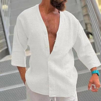 Stylish Shirt for Men Long Sleeve V Neck Top Men Clothing Camisas