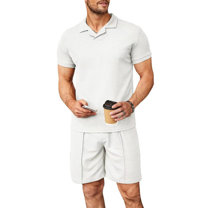 2pcs Set Men V Neck Polo Shirt Lapel Short