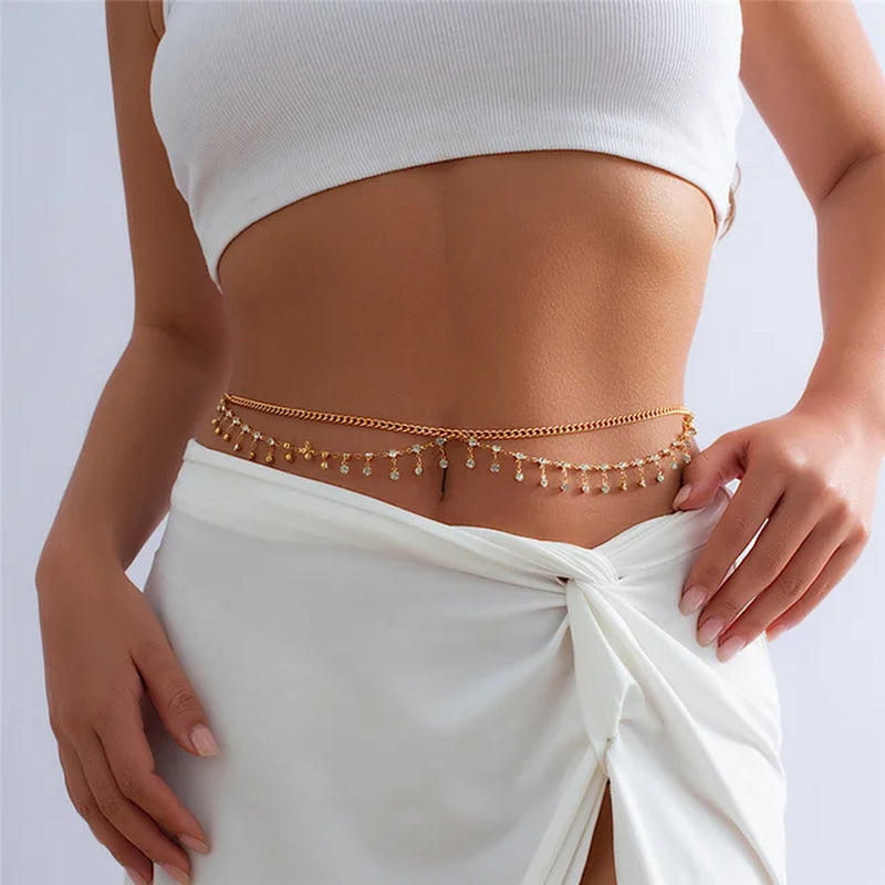 Sexy Rhinestone Star Tassel Pendant Waist Belly Belt Chain for Women Summer Bikini Rave Body Jewelry Y2K Accessories