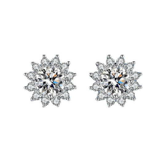 Sun Flower Moissanite Silver Stud Earrings